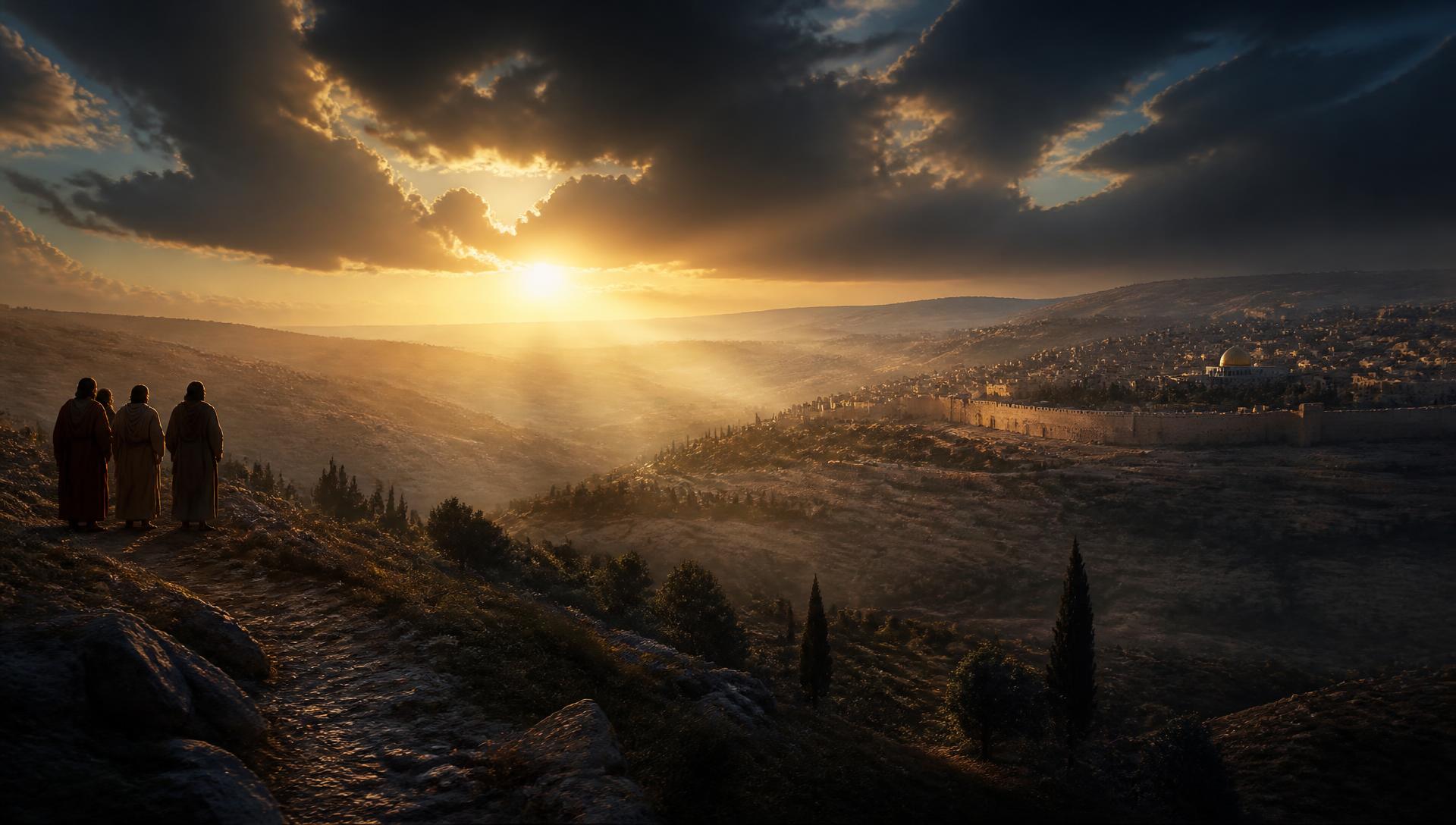 Sunrise over the hills outside an ancient walled city